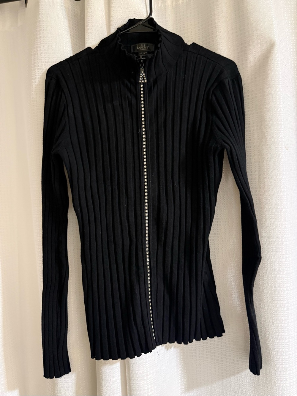 beldini Women’s L Black Rib Knit Full Zip  Cardigan Sweater large bling